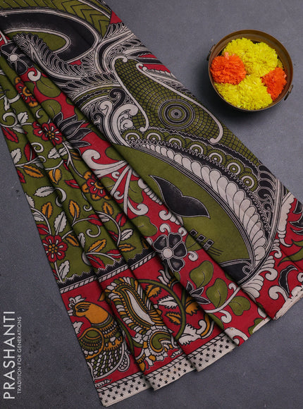 Mehendi Green & Red Kalamkari Cotton Saree