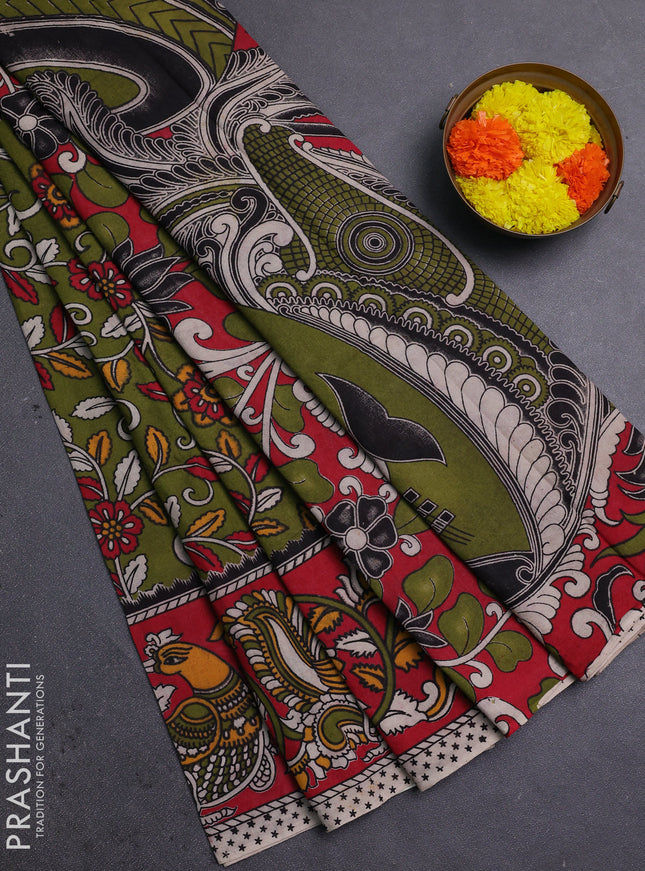 Mehendi Green & Red Kalamkari Cotton Saree