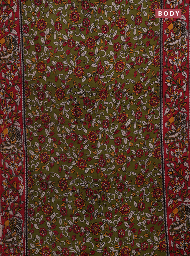 Mehendi Green & Red Kalamkari Cotton Saree