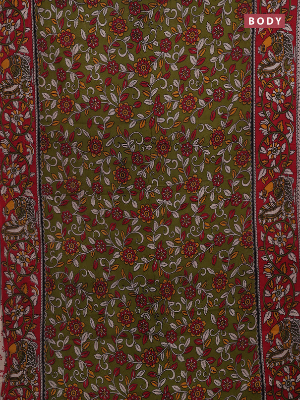Mehendi Green & Red Kalamkari Cotton Saree