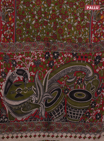 Mehendi Green & Red Kalamkari Cotton Saree