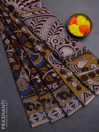 Coffee Brown & Mustard Yellow Kalamkari Cotton Saree