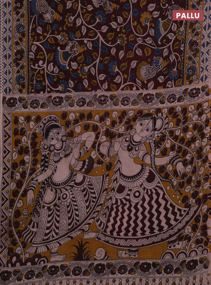 Coffee Brown & Mustard Yellow Kalamkari Cotton Saree