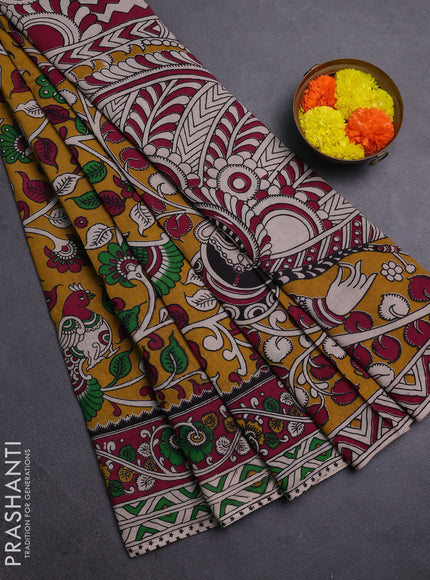 Mustard Yellow & Magenta Pink Kalamkari Cotton Saree