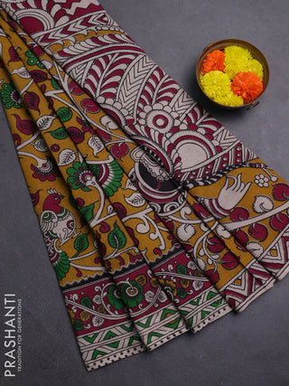 Mustard Yellow & Magenta Pink Kalamkari Cotton Saree