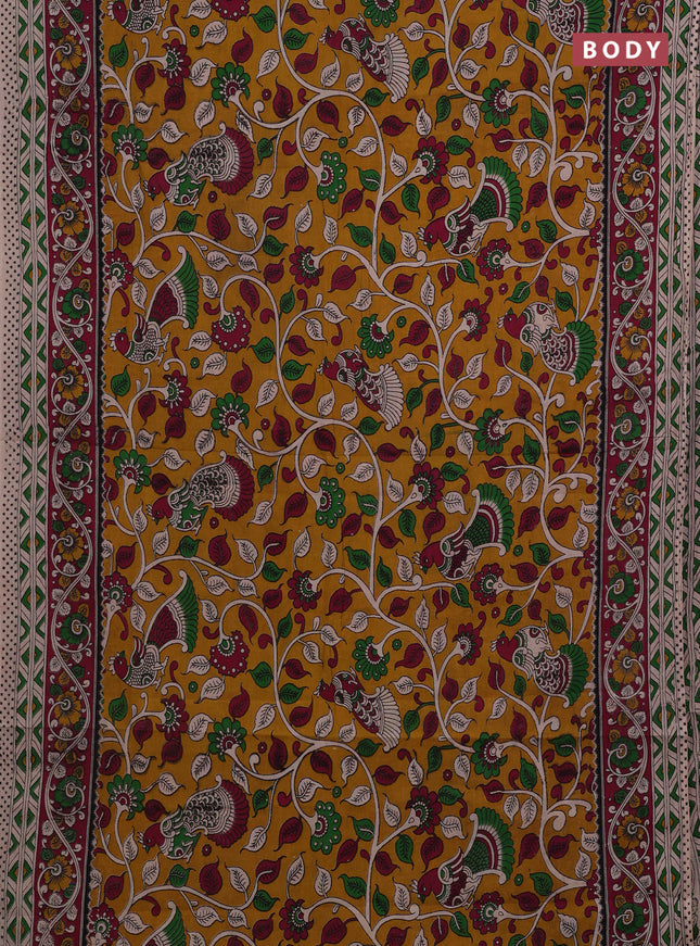 Mustard Yellow & Magenta Pink Kalamkari Cotton Saree