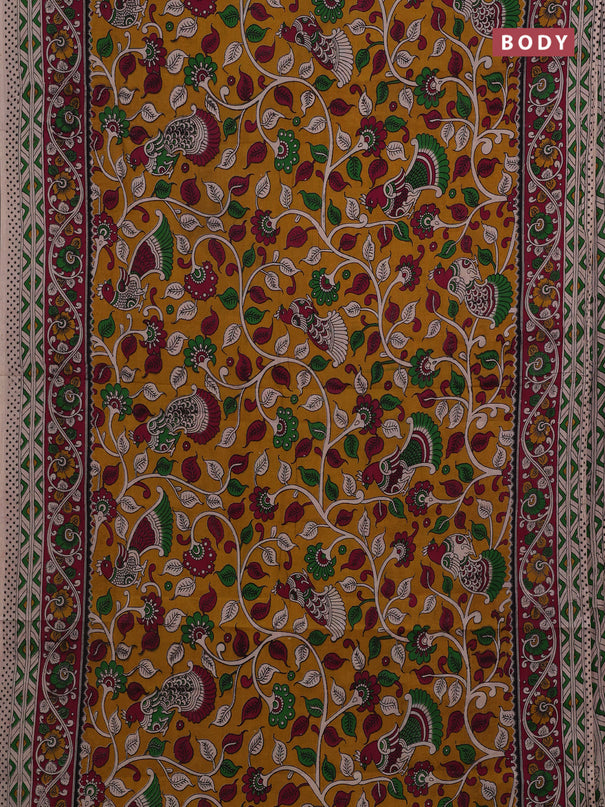 Mustard Yellow & Magenta Pink Kalamkari Cotton Saree