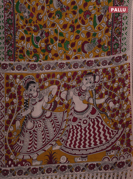 Mustard Yellow & Magenta Pink Kalamkari Cotton Saree