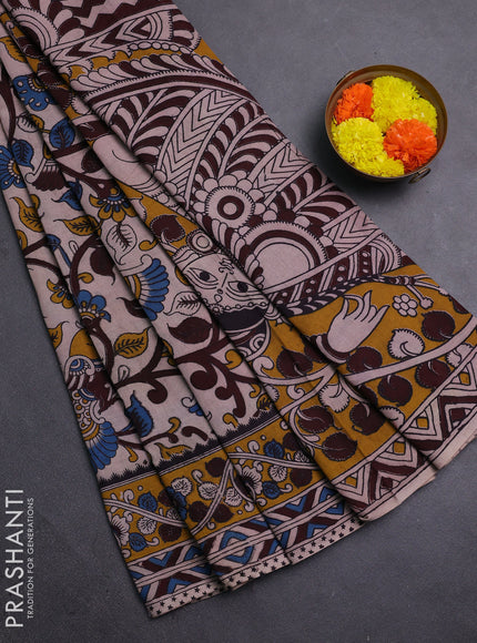 Beige & Mustard Yellow Kalamkari Cotton Saree