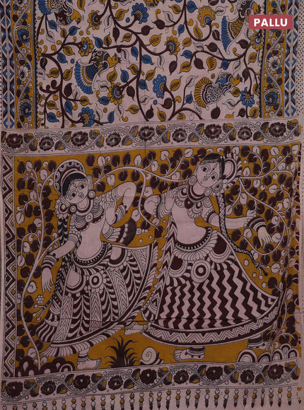 Beige & Mustard Yellow Kalamkari Cotton Saree