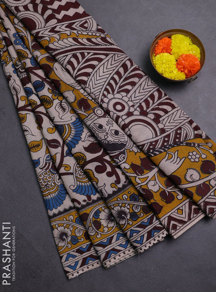 Beige & Mustard Yellow Kalamkari Cotton Saree