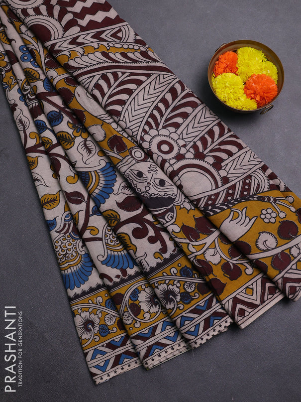 Beige & Mustard Yellow Kalamkari Cotton Saree