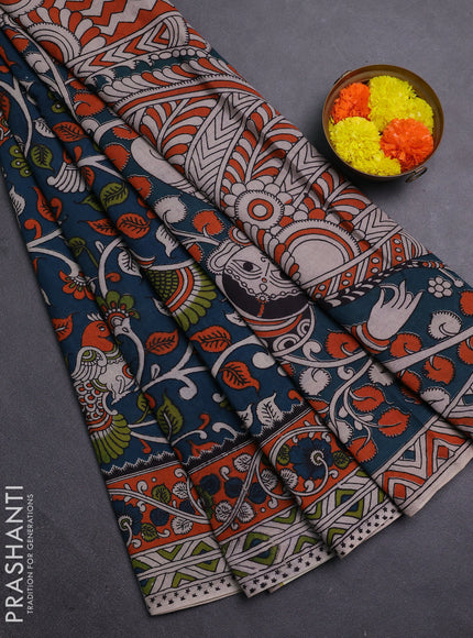 Peacock Green & Orange Kalamkari Cotton Saree