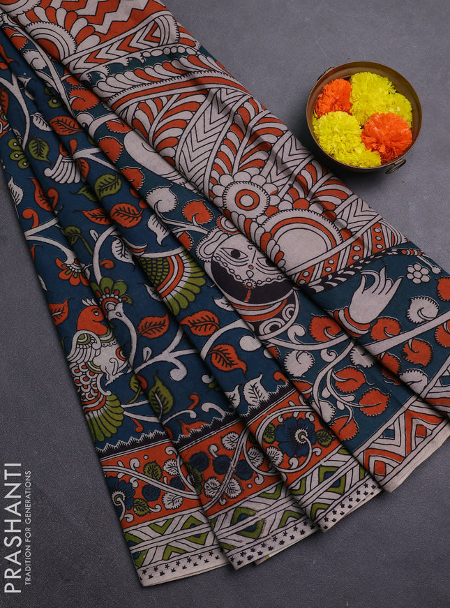 Peacock Green & Orange Kalamkari Cotton Saree