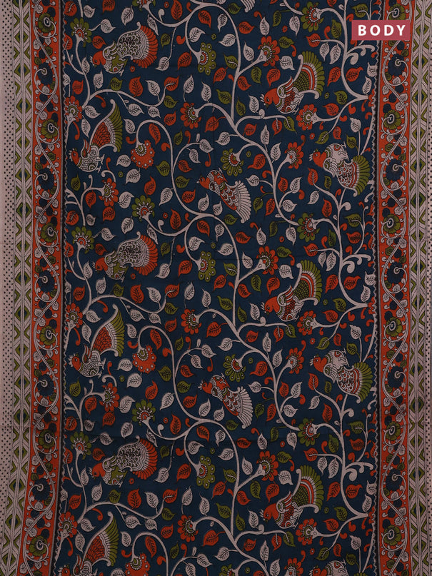Peacock Green & Orange Kalamkari Cotton Saree