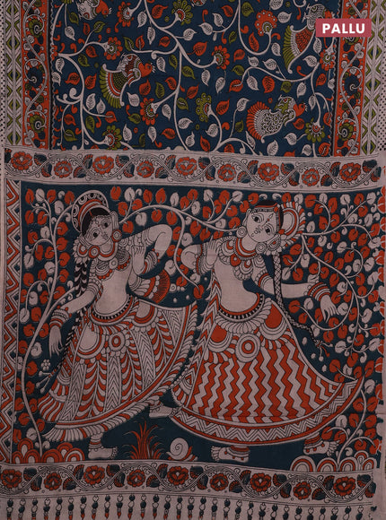 Peacock Green & Orange Kalamkari Cotton Saree