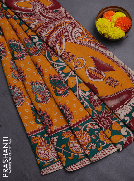 Yellow & Teal Green Kalamkari Cotton Saree