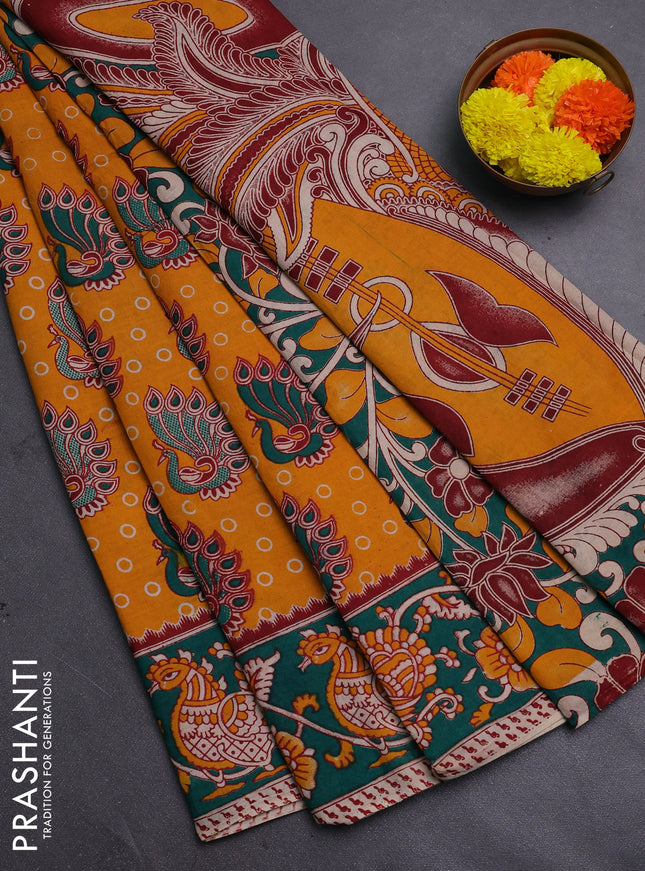 Yellow & Teal Green Kalamkari Cotton Saree