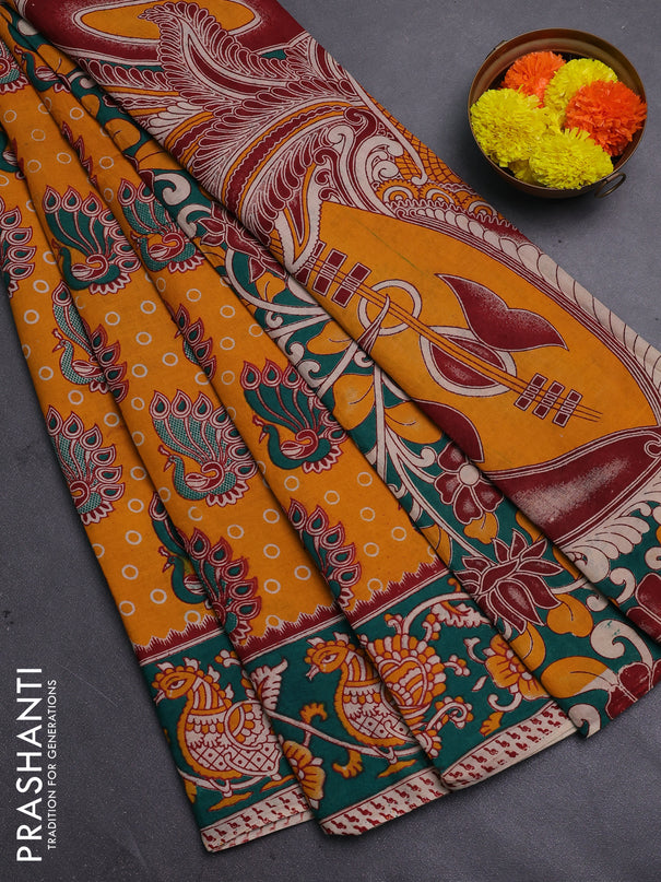Yellow & Teal Green Kalamkari Cotton Saree