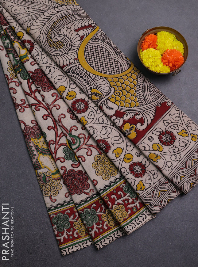 Beige & Maroon Kalamkari Cotton Saree
