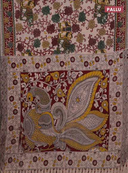 Beige & Maroon Kalamkari Cotton Saree