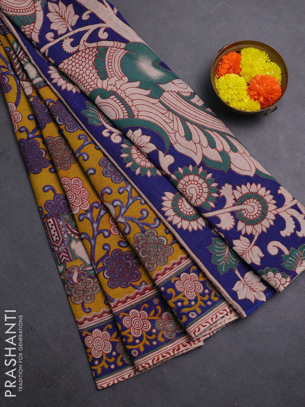 Mustard Yellow & Blue Kalamkari Cotton Saree