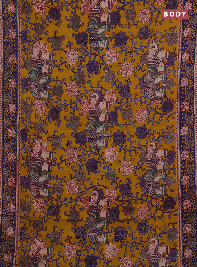 Mustard Yellow & Blue Kalamkari Cotton Saree