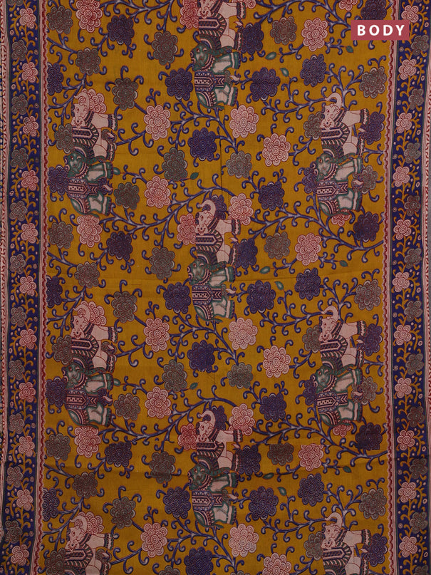 Mustard Yellow & Blue Kalamkari Cotton Saree