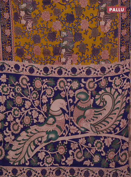 Mustard Yellow & Blue Kalamkari Cotton Saree