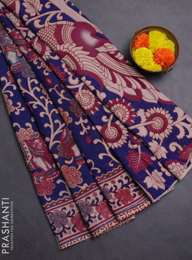 Blue & Beige Kalamkari Cotton Saree