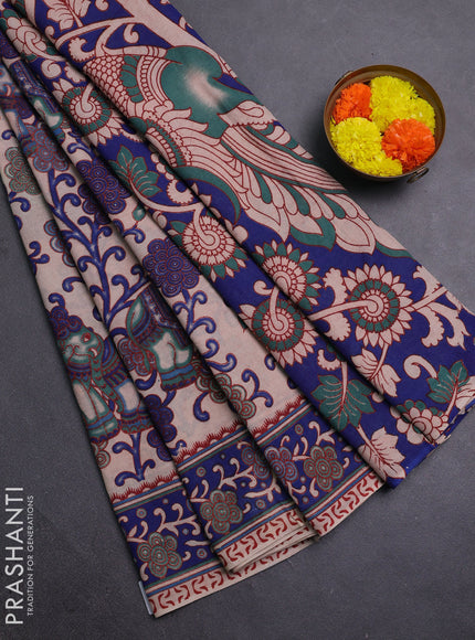 Beige & Blue Kalamkari Cotton Saree