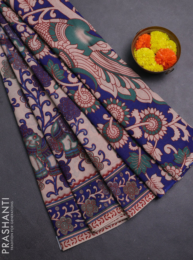 Beige & Blue Kalamkari Cotton Saree