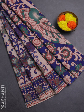 Beige & Blue Kalamkari Cotton Saree