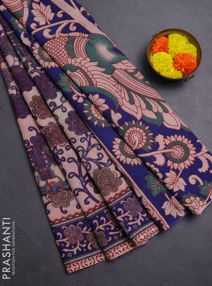 Beige & Blue Kalamkari Cotton Saree