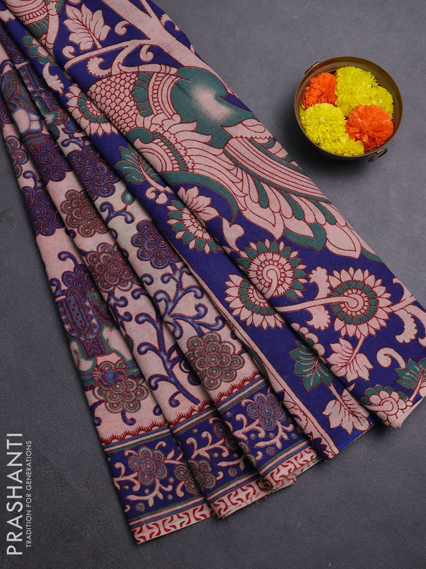 Beige & Blue Kalamkari Cotton Saree
