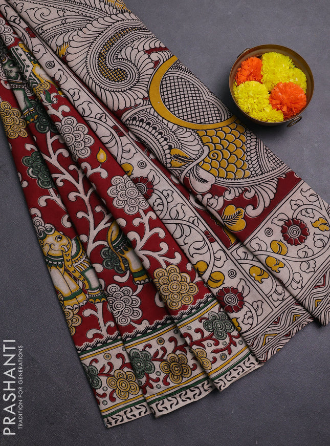 Maroon & Beige Kalamkari Cotton Saree