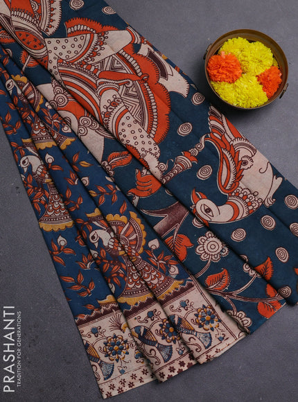 Peacock Blue & Beige Kalamkari Cotton Saree