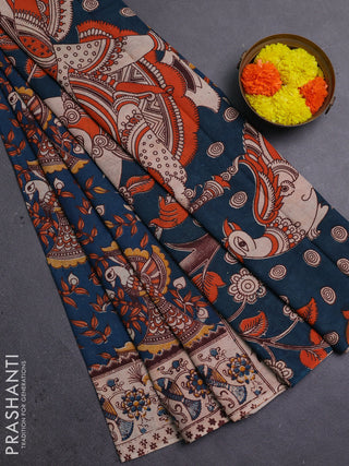 Peacock Blue & Beige Kalamkari Cotton Saree