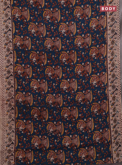 Peacock Blue & Beige Kalamkari Cotton Saree