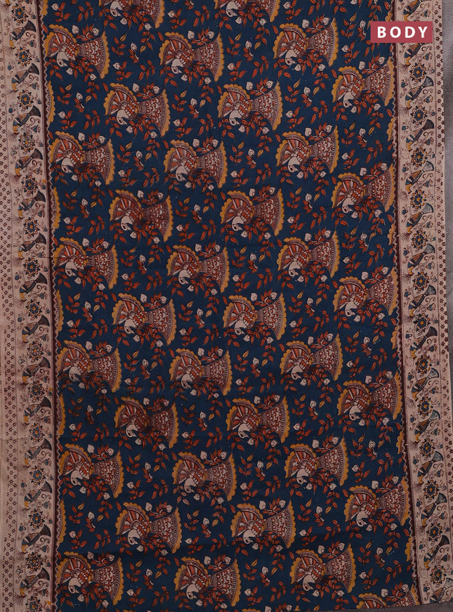 Peacock Blue & Beige Kalamkari Cotton Saree