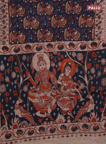 Peacock Blue & Beige Kalamkari Cotton Saree