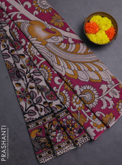 Beige & Magenta Pink Kalamkari Cotton Saree