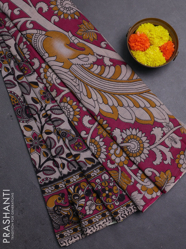 Beige & Magenta Pink Kalamkari Cotton Saree