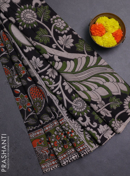 Black & Mehendi Green Kalamkari Cotton Saree