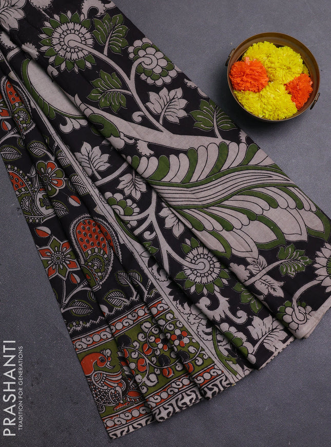 Black & Mehendi Green Kalamkari Cotton Saree