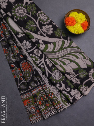 Black & Mehendi Green Kalamkari Cotton Saree
