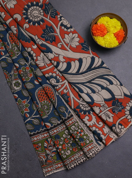Peacock Green & Mehendi Green Kalamkari Cotton Saree