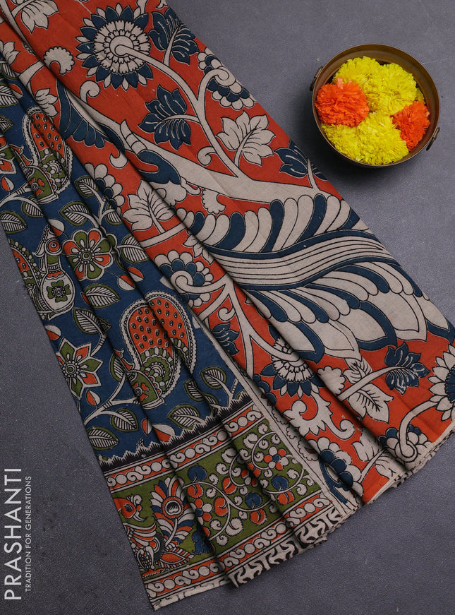 Peacock Green & Mehendi Green Kalamkari Cotton Saree