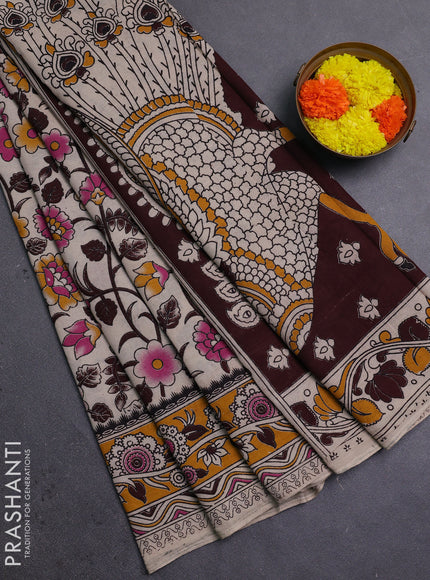 Beige & Mustard Yellow Kalamkari Cotton Saree