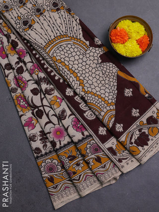 Beige & Mustard Yellow Kalamkari Cotton Saree
